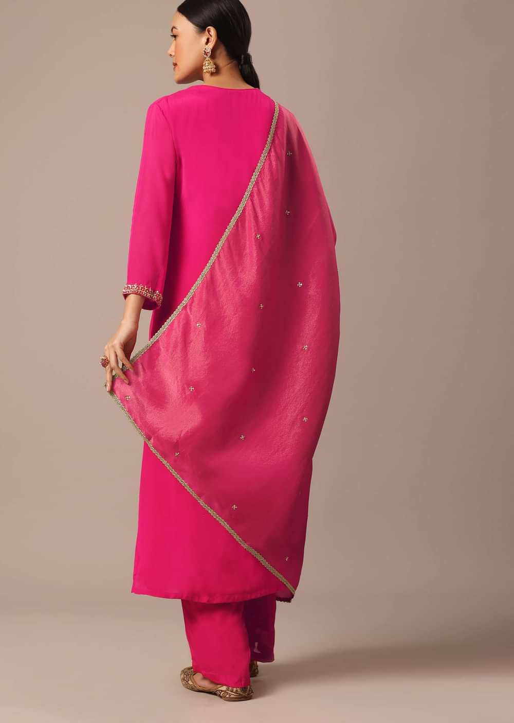 Pink Slim Fit Kurta Set With Sequin Hand Embellishments