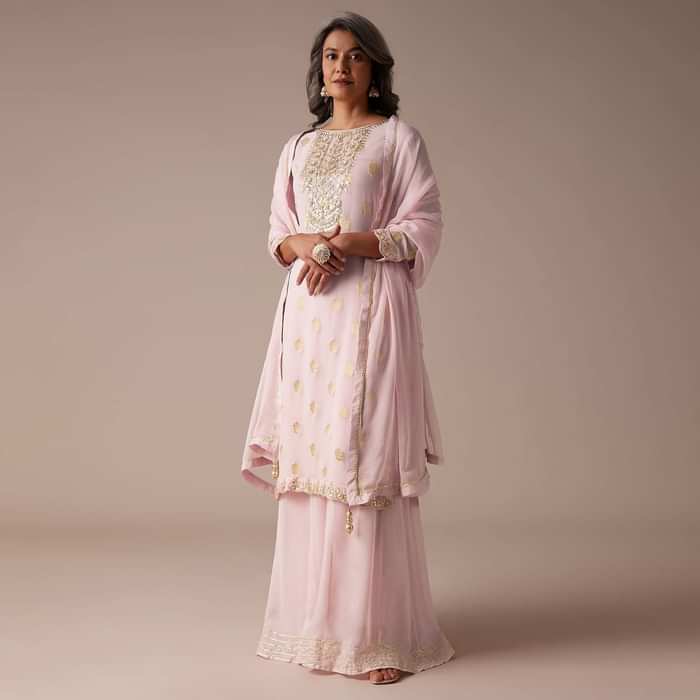 Baby Pink Straight Palazzo Suit Set In Banarasi Georgette With Brocade Work