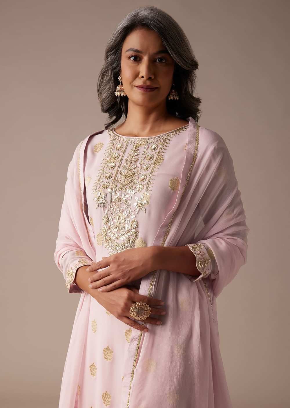 Baby Pink Straight Palazzo Suit Set In Banarasi Georgette With Brocade Work