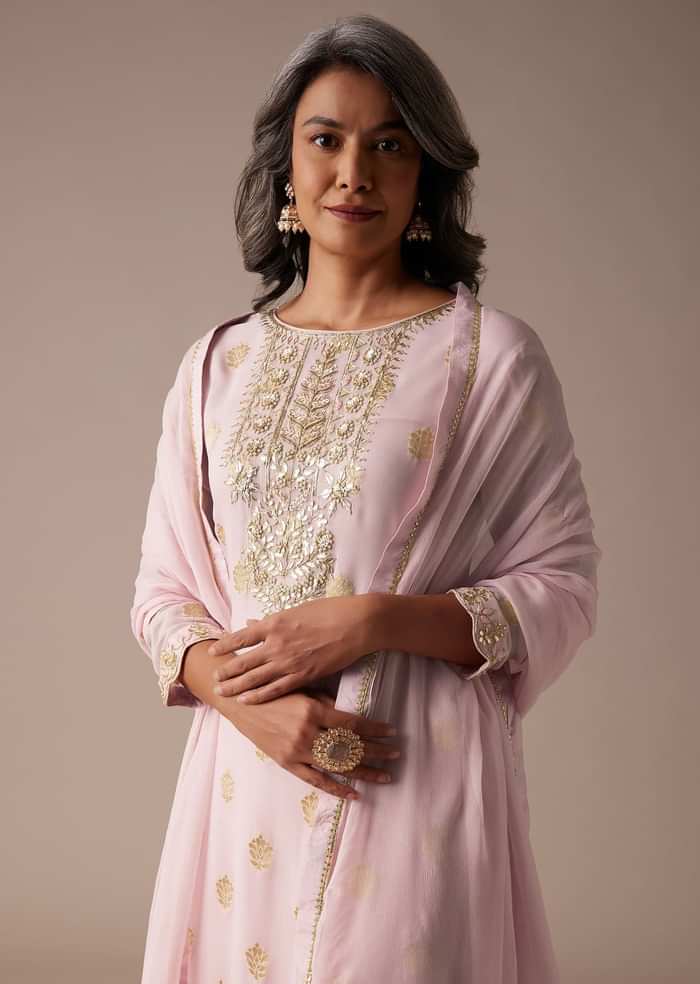 Baby Pink Straight Palazzo Suit Set In Banarasi Georgette With Brocade Work