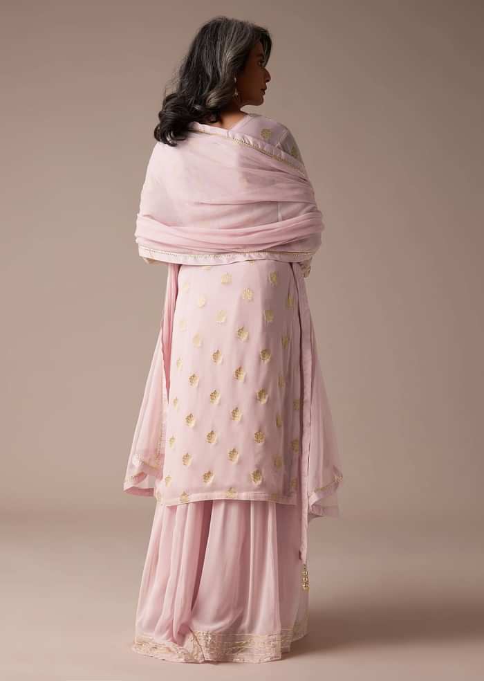 Baby Pink Straight Palazzo Suit Set In Banarasi Georgette With Brocade Work