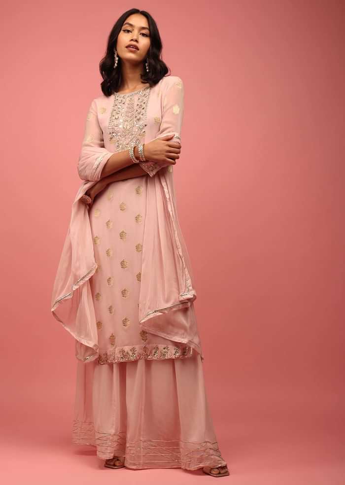 Baby Pink Straight Palazzo Suit Set In Banarasi Georgette With Brocade Work