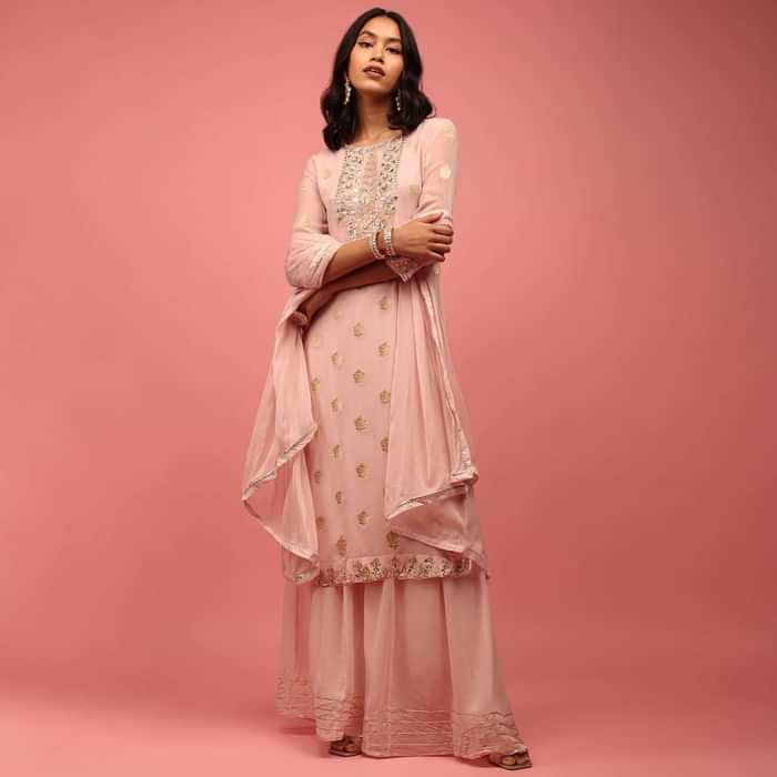 Baby Pink Straight Palazzo Suit Set In Banarasi Georgette With Brocade Work