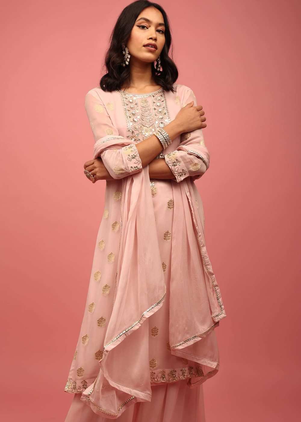 Baby Pink Straight Palazzo Suit Set In Banarasi Georgette With Brocade Work