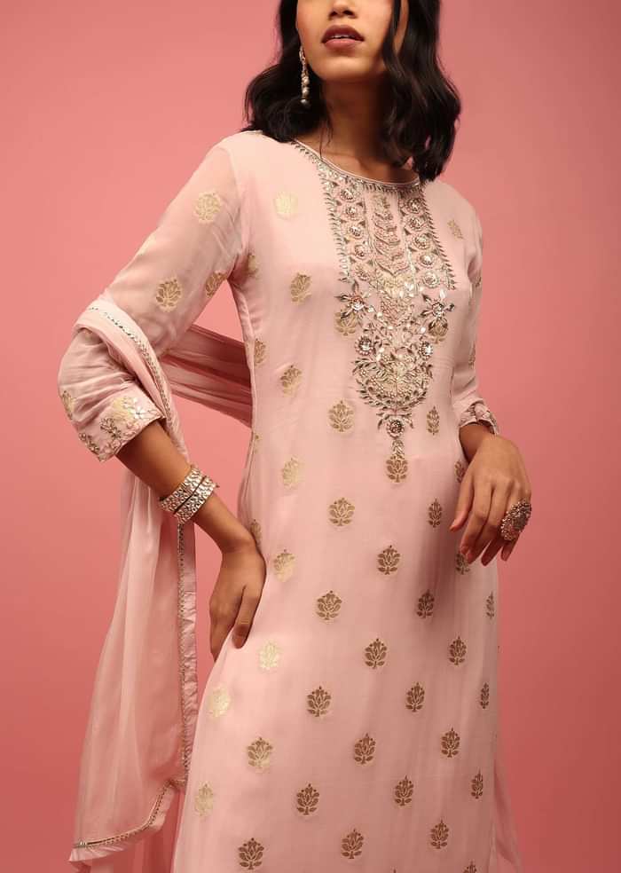 Baby Pink Straight Palazzo Suit Set In Banarasi Georgette With Brocade Work