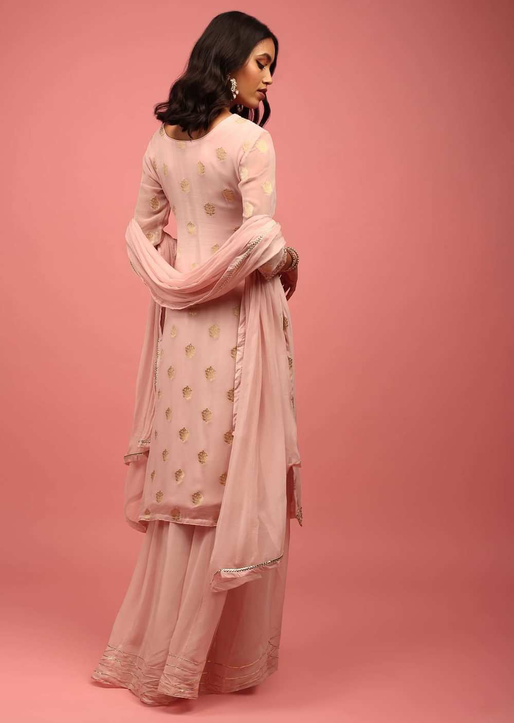 Baby Pink Straight Palazzo Suit Set In Banarasi Georgette With Brocade Work