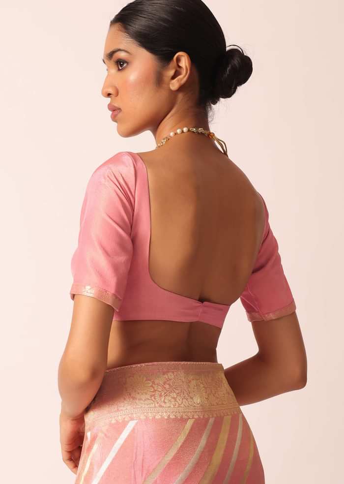 Pink Striped Tissue Silk Saree with Brocade Border Pallu And Unstitched Blouse Piece