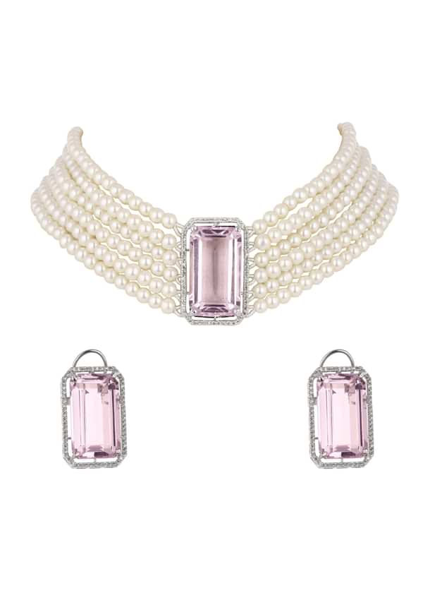 Pink Studded Pearl Choker In Mix Metal Pink Studded Pearl Choker In Mix Metal