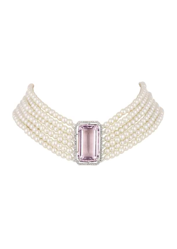 Pink Studded Pearl Choker In Mix Metal Pink Studded Pearl Choker In Mix Metal
