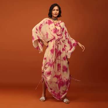 Beige Tie-Dye Kaftan Set With Tie-Up Tassel Doris At The Front And Sides