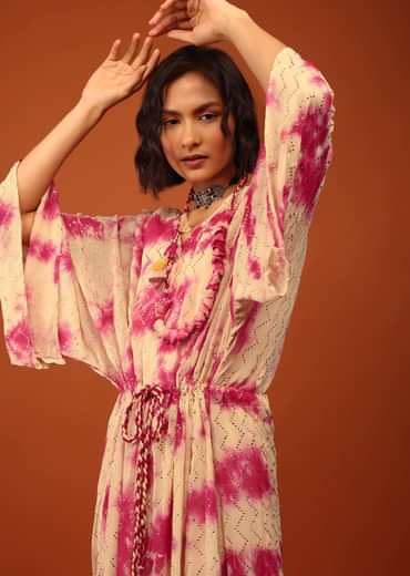 Beige Tie-Dye Kaftan Set With Tie-Up Tassel Doris At The Front And Sides