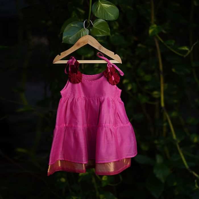 Kalki Girls Pink Tiered Dress In Cotton Silk With Adjustable Red Tie Ups On The Shoulder By Love The World Today