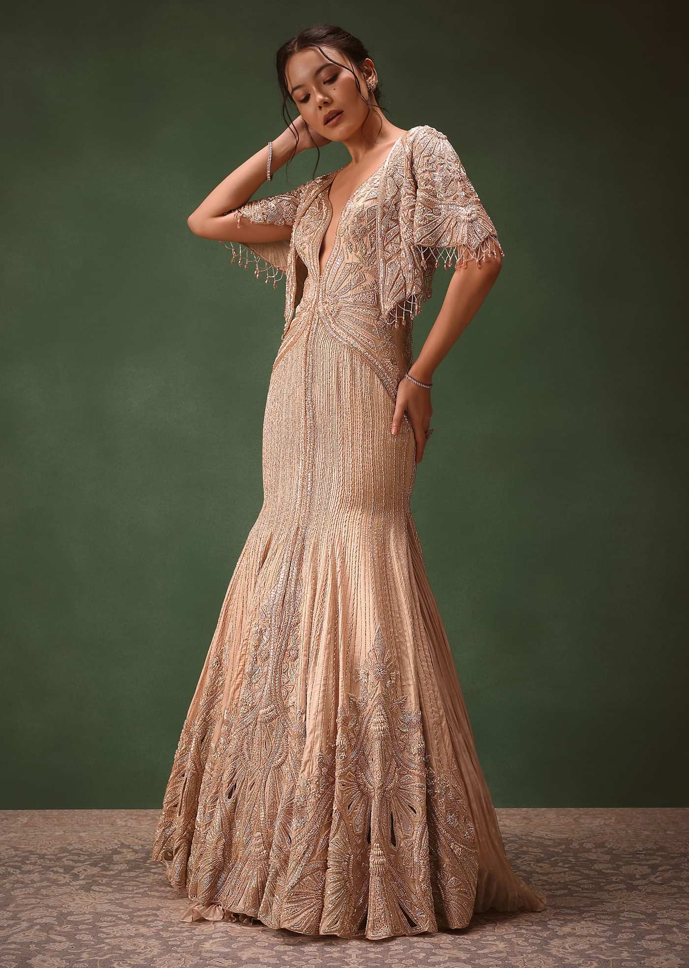 Pink Tissue Cutdana Fishcut Lehenga With Cape And Jacket