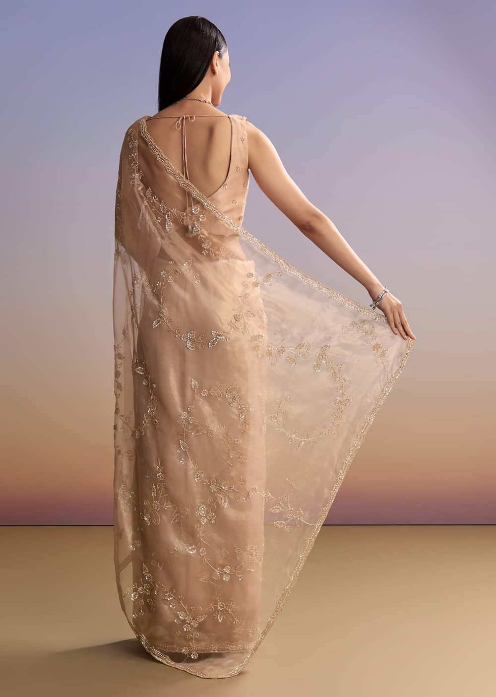 Pink Tissue Embroidered Saree With Sequins And Bead Work
