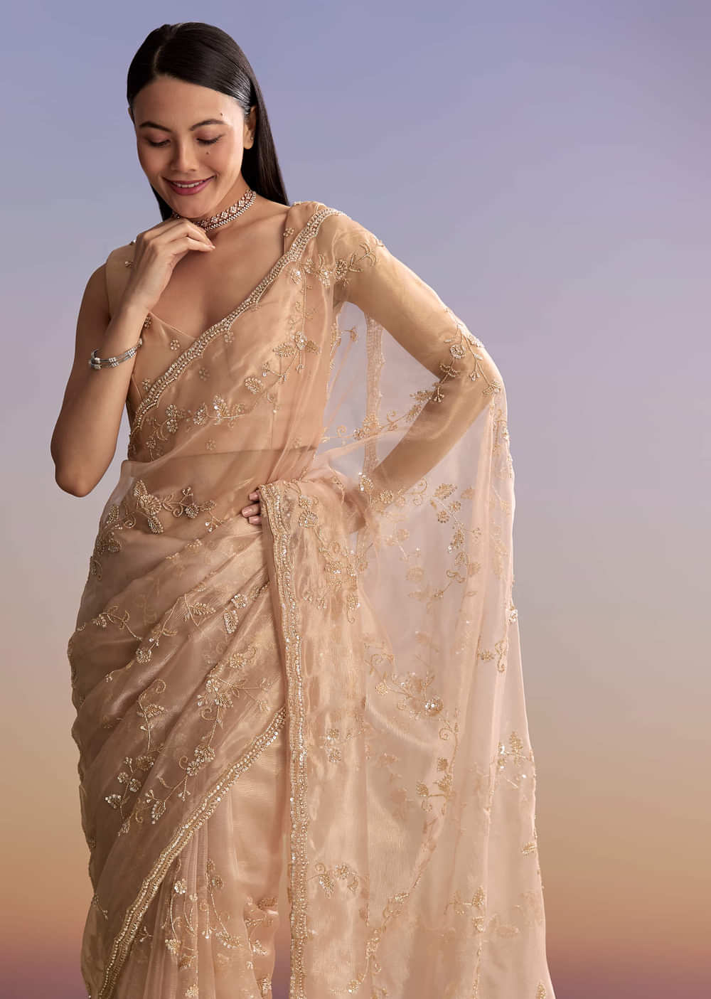 Pink Tissue Embroidered Saree With Sequins And Bead Work