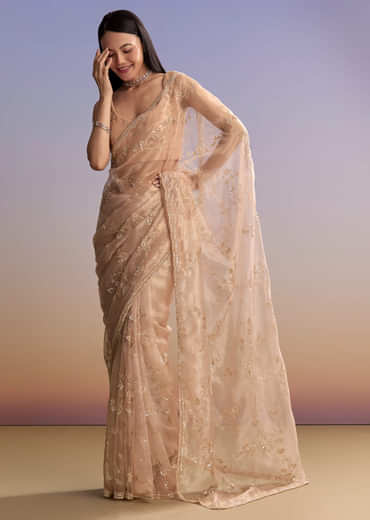 Pink Tissue Embroidered Saree With Sequins And Bead Work