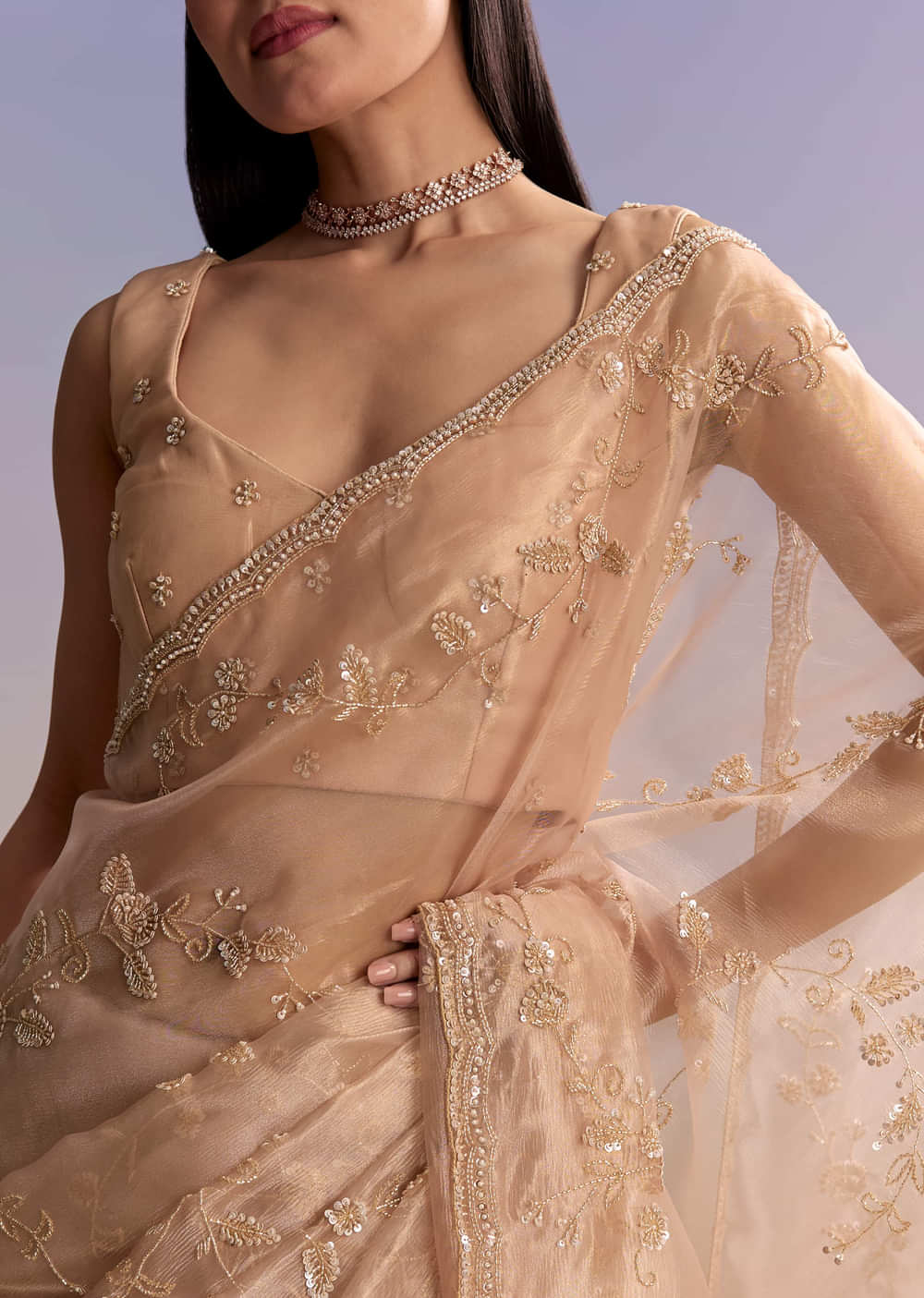 Pink Tissue Embroidered Saree With Sequins And Bead Work
