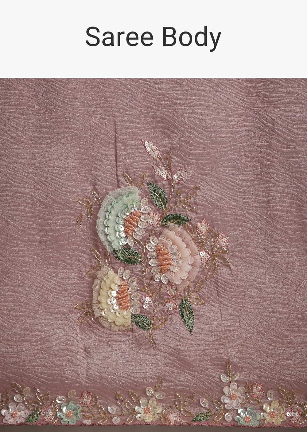 Pink Tissue Saree With Floral Embroidery