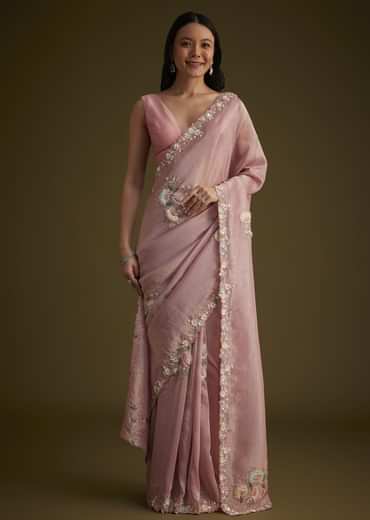 Pink Tissue Saree With Floral Embroidery