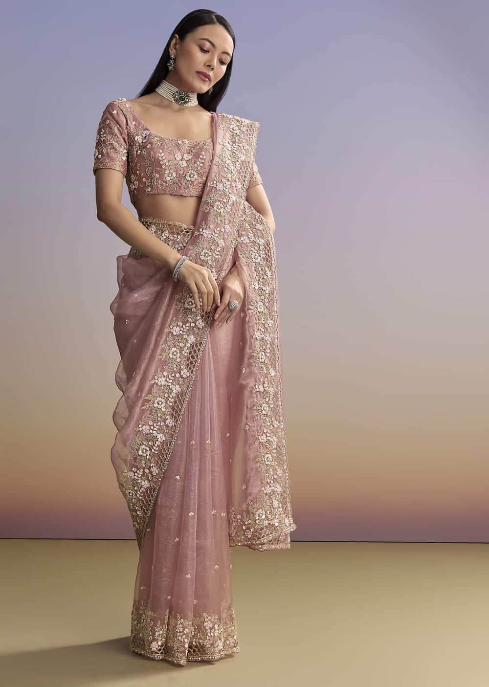 Pink Tissue Saree With Floral Hand Embroidery And Cutwork Border