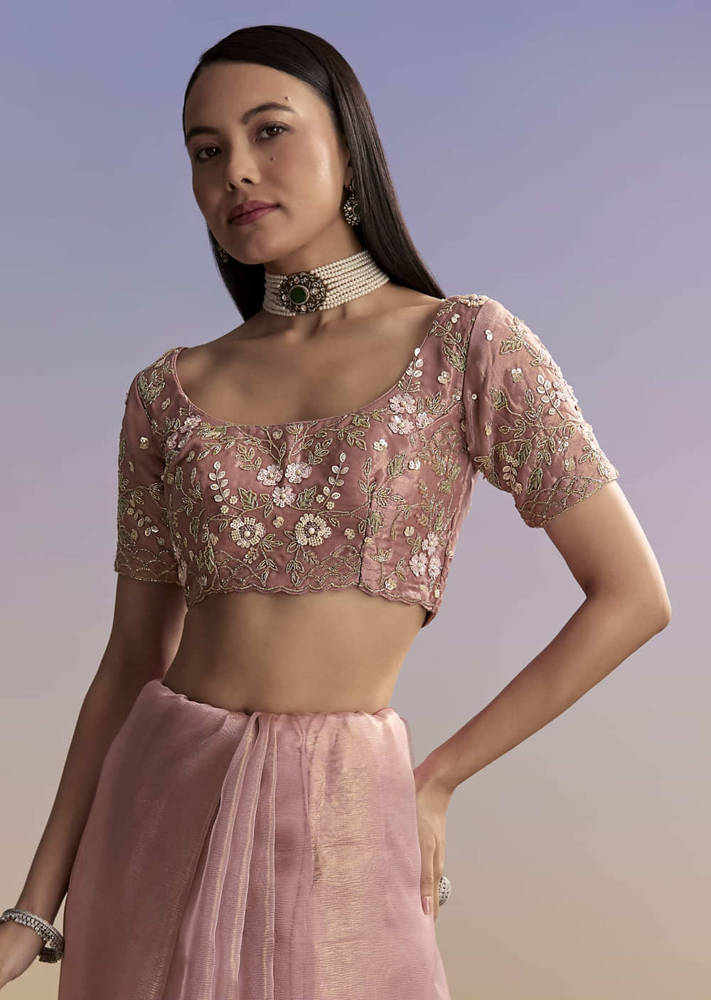 Pink Tissue Saree With Floral Hand Embroidery And Cutwork Border