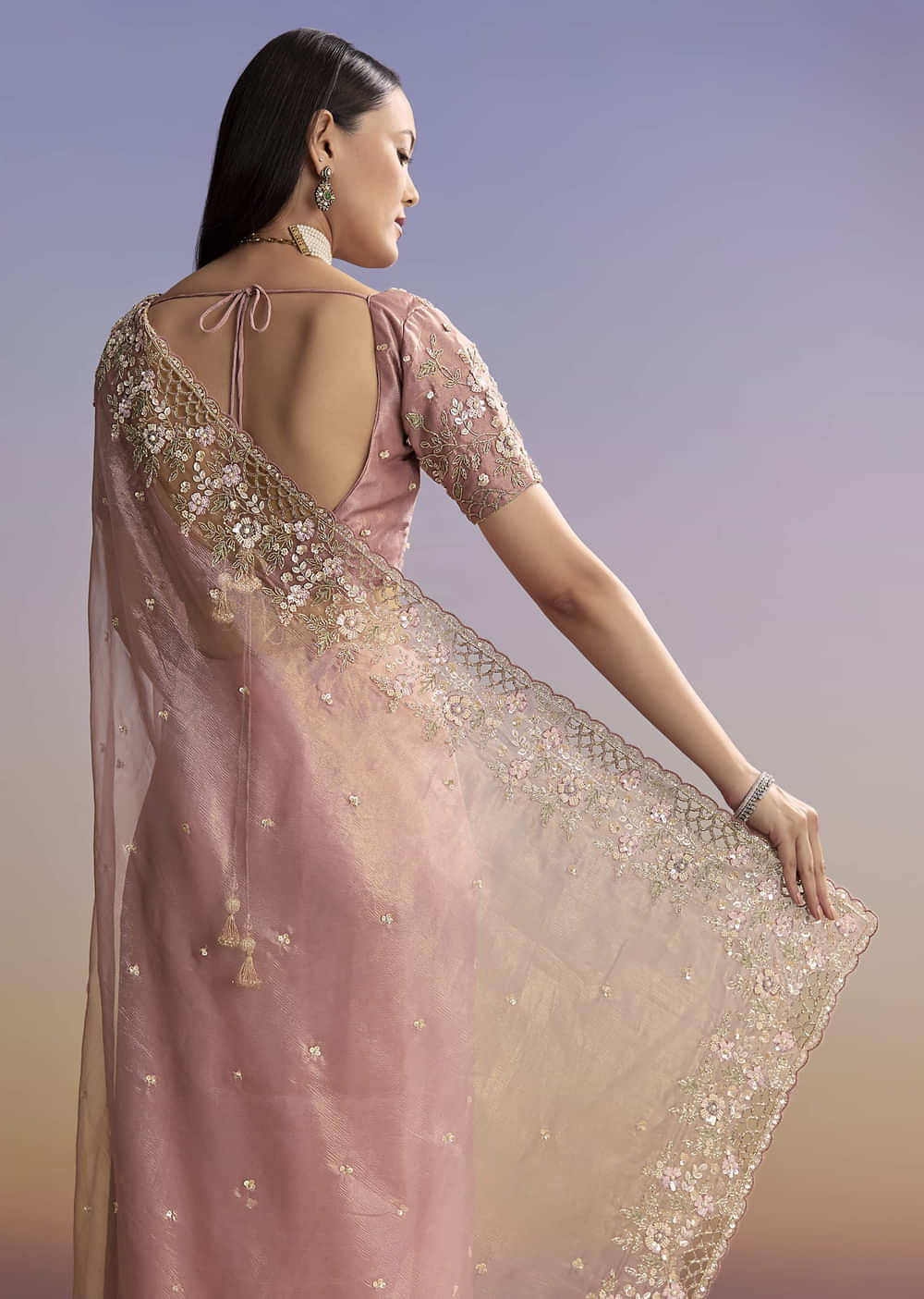 Pink Tissue Saree With Floral Hand Embroidery And Cutwork Border