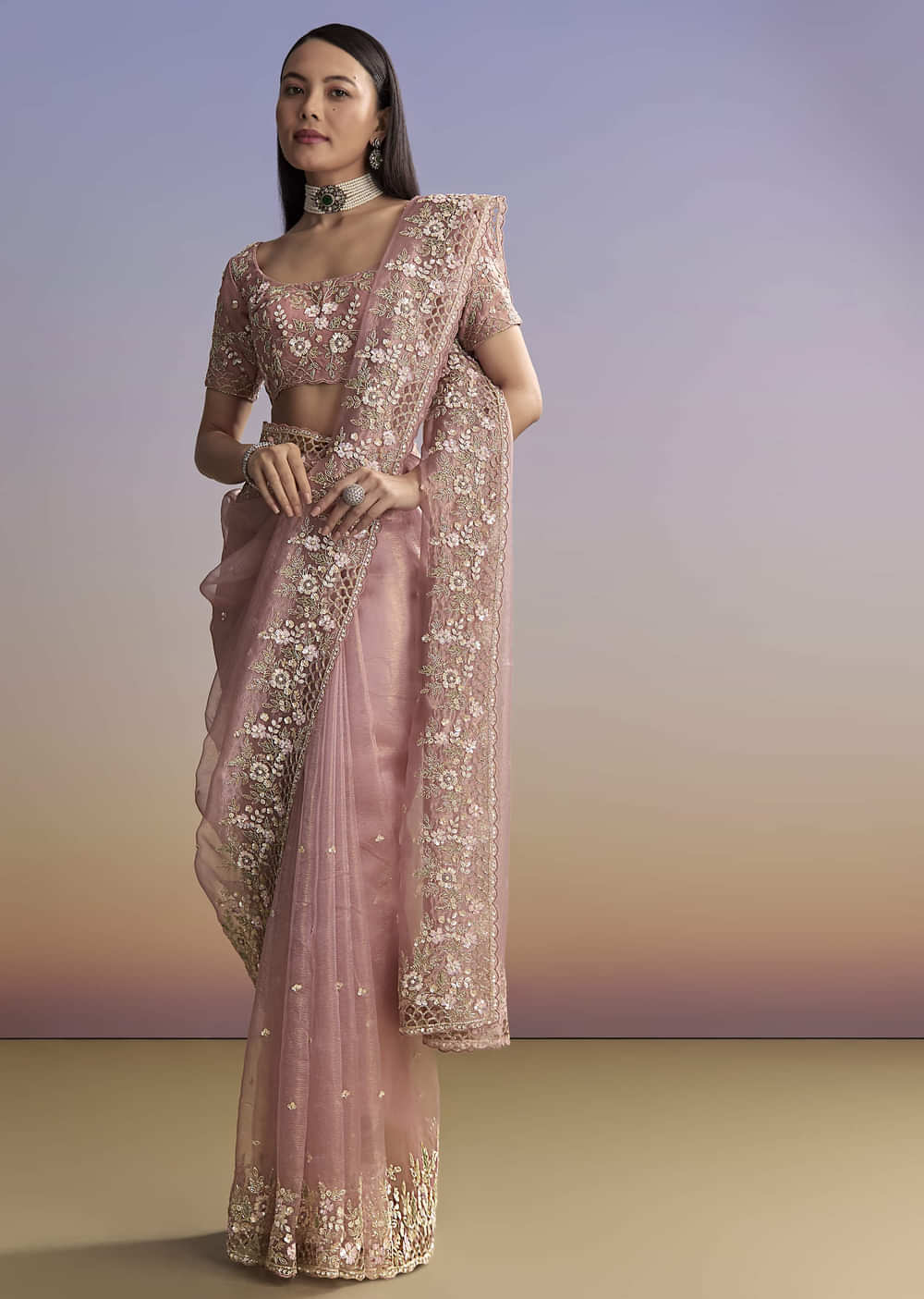 Pink Tissue Saree With Floral Hand Embroidery And Cutwork Border