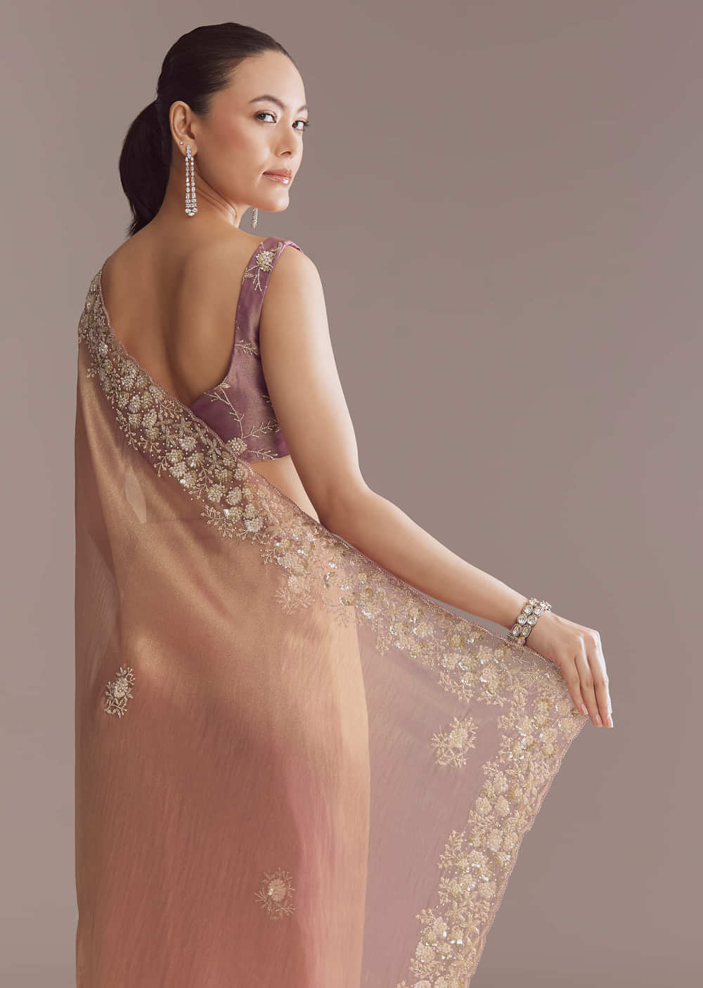 Pink Tissue Saree With Heavy Floral Embroidered Border