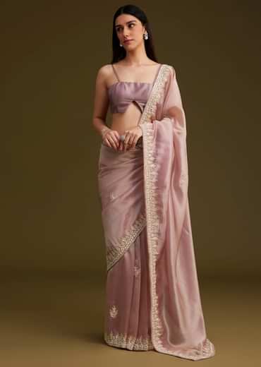 Pink Tissue Saree With Mirror And Sequins Embroidery
