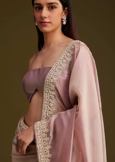 Pink Tissue Saree With Mirror And Sequins Embroidery