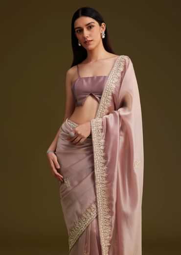 Pink Tissue Saree With Mirror And Sequins Embroidery