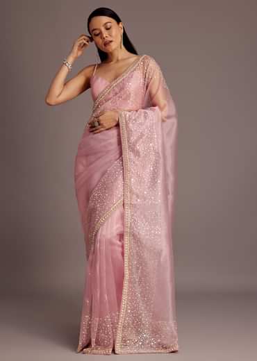 Pink Tissue Saree With Sequins Embellished Border