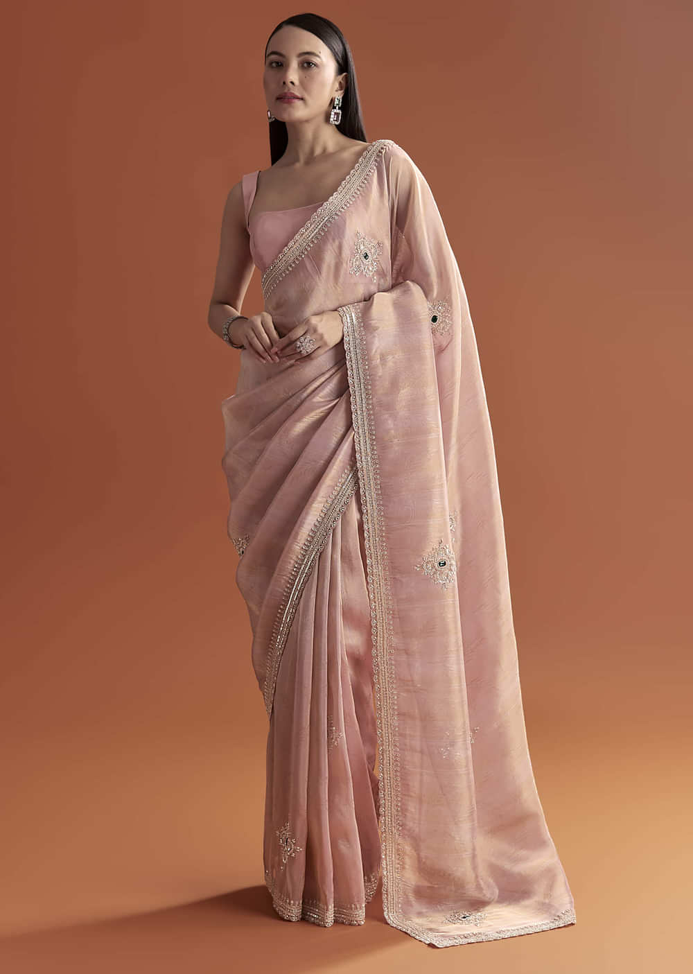 Pink Tissue Saree With Zardosi And Stone Embroidery