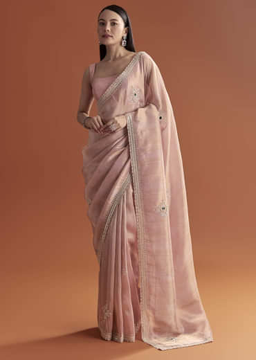 Pink Tissue Saree With Zardosi And Stone Embroidery