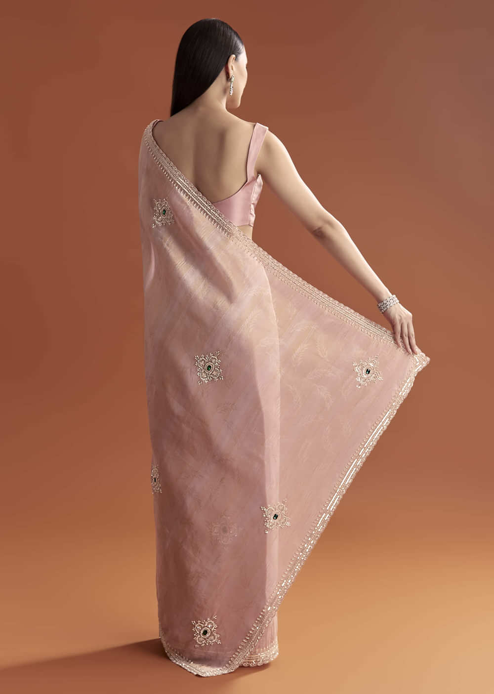 Pink Tissue Saree With Zardosi And Stone Embroidery