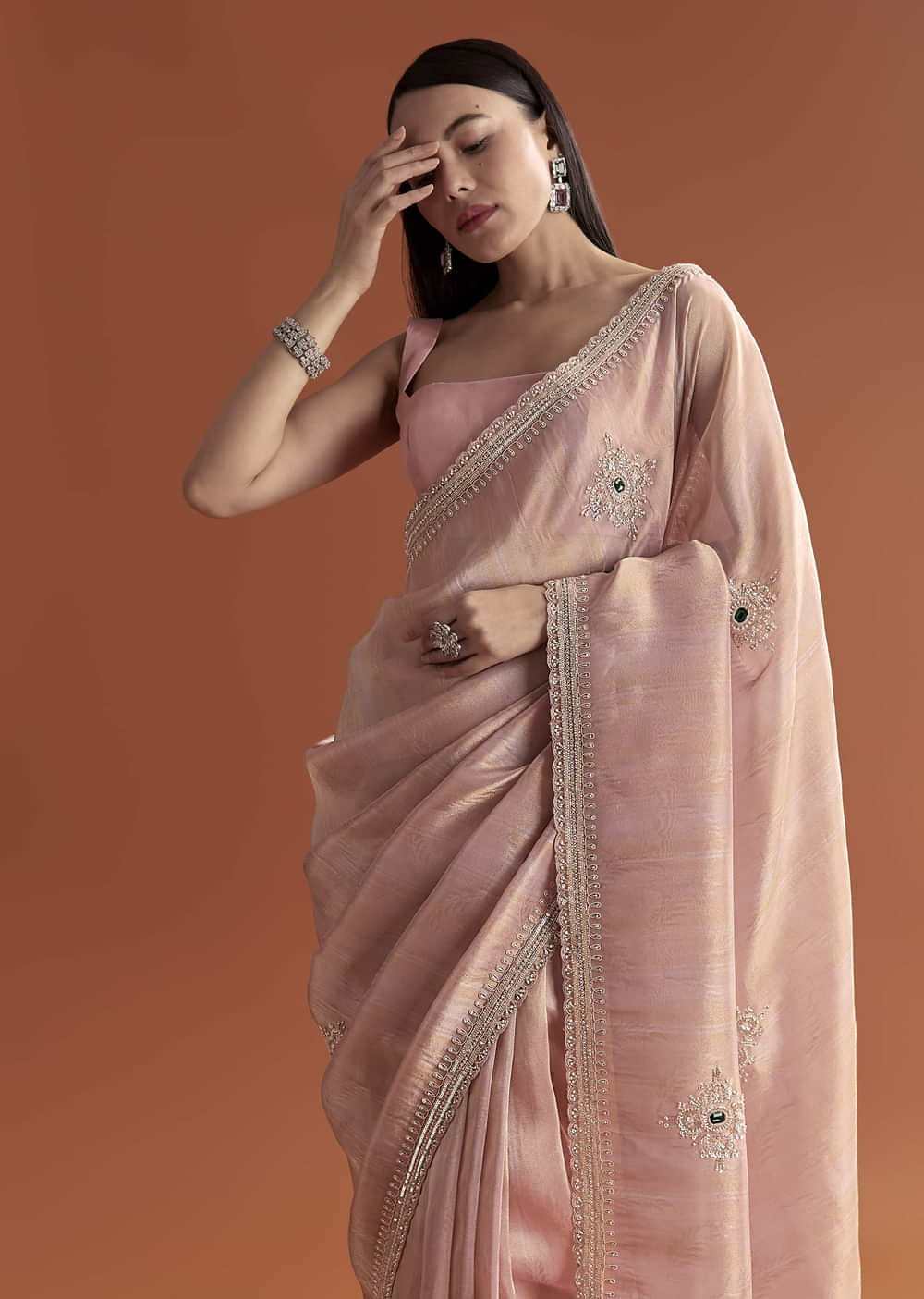 Pink Tissue Saree With Zardosi And Stone Embroidery