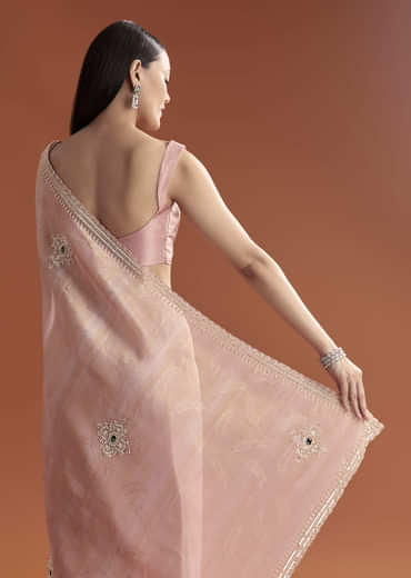 Pink Tissue Saree With Zardosi And Stone Embroidery