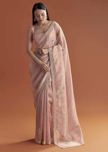 Pink Tissue Saree With Zardosi And Stone Embroidery