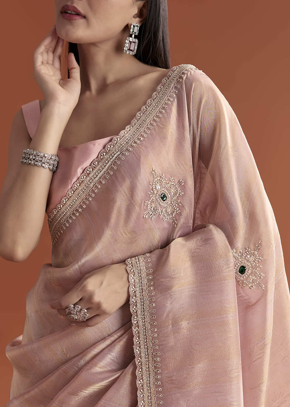 Pink Tissue Saree With Zardosi And Stone Embroidery
