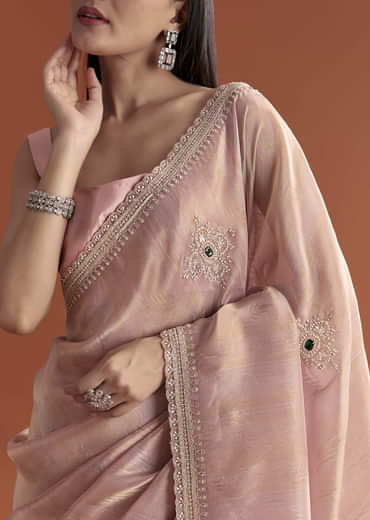 Pink Tissue Saree With Zardosi And Stone Embroidery