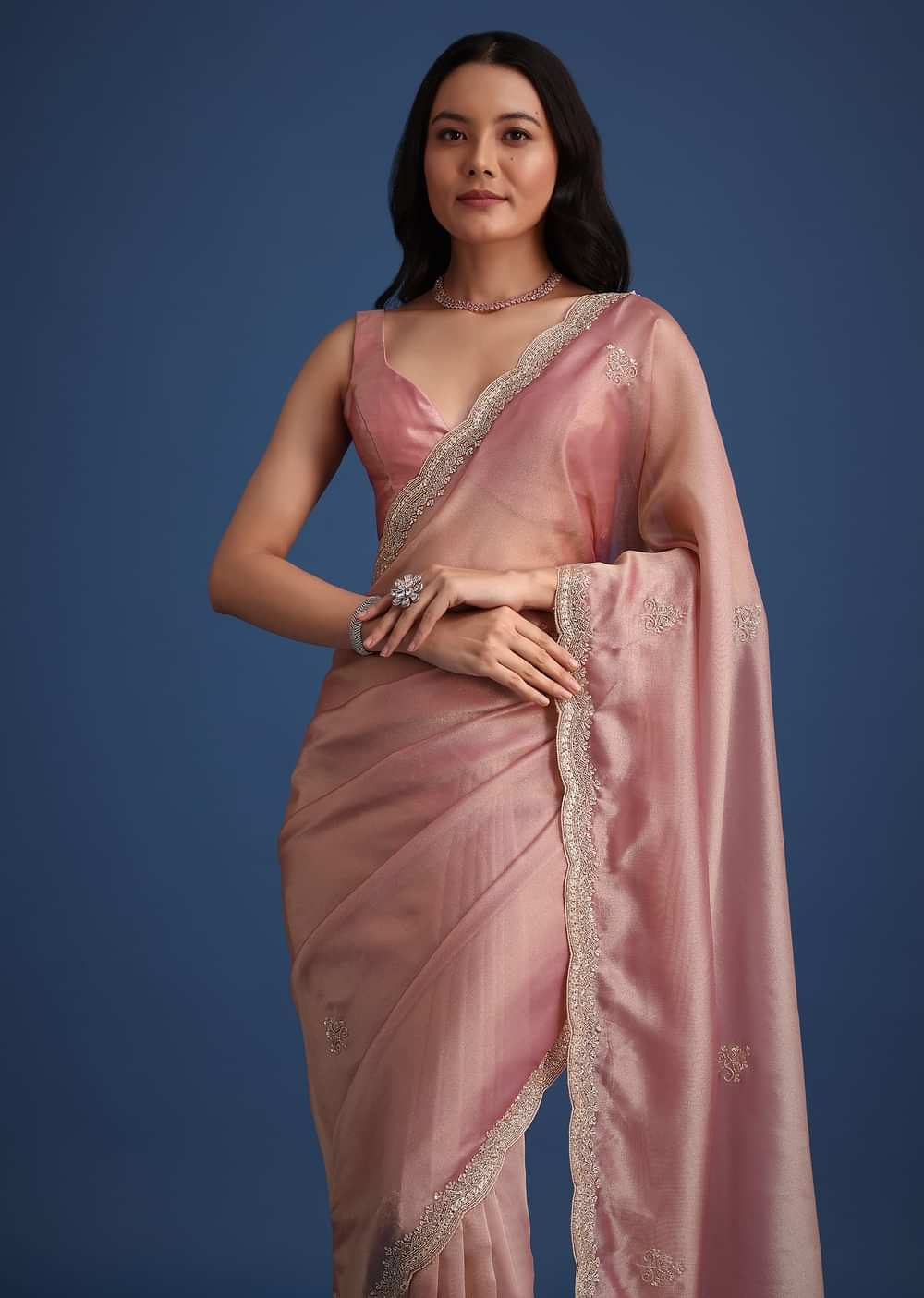 Pink Tissue Silk Embroidered Saree With Embellished Scallop Border