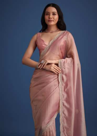 Pink Tissue Silk Embroidered Saree With Embellished Scallop Border