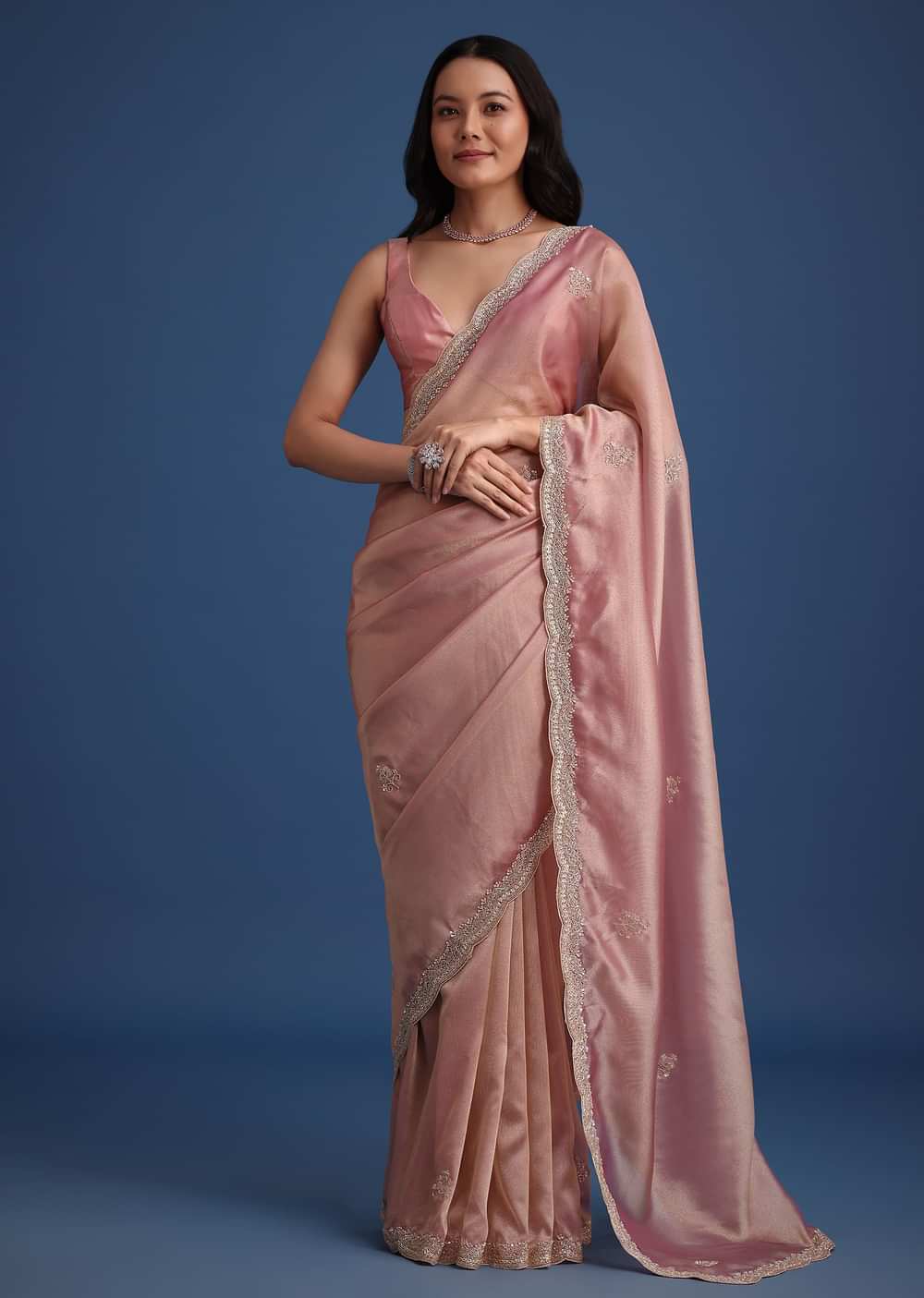 Pink Tissue Silk Embroidered Saree With Embellished Scallop Border