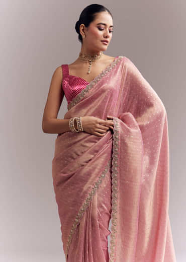 Pink Tissue Silk Saree With Delicate Hand Embroidery