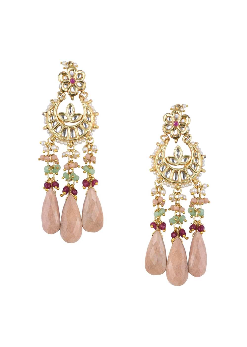 Pink Tone Crescent Moon Kundan Danglers With Stone Drops
