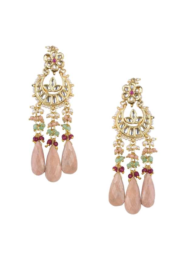 Pink Tone Crescent Moon Kundan Danglers With Stone Drops Pink Tone Crescent Moon Kundan Danglers With Stone Drops