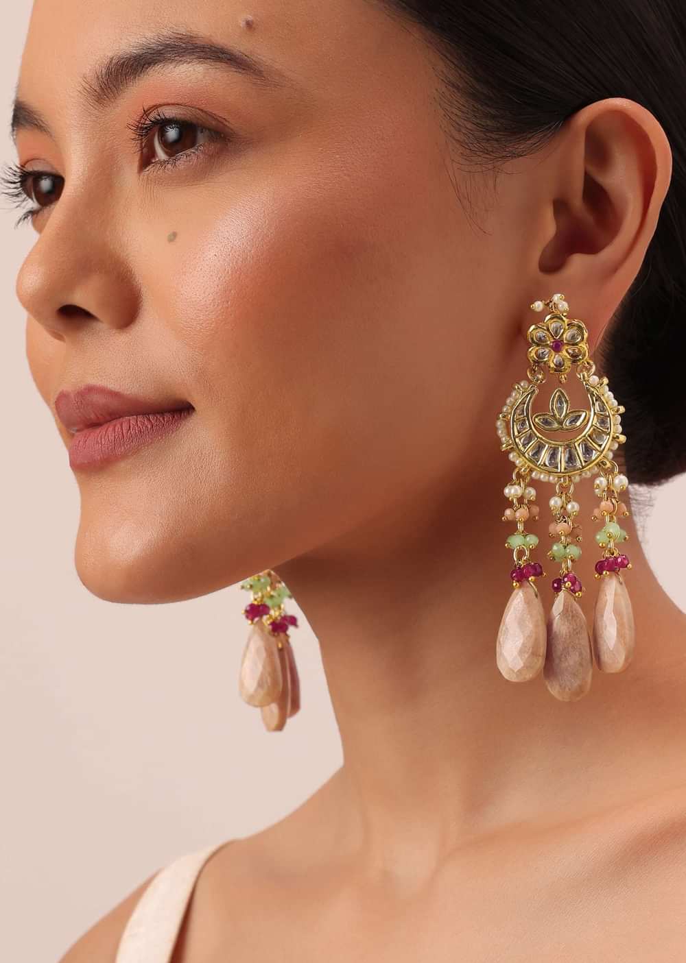 Pink Tone Crescent Moon Kundan Danglers With Stone Drops