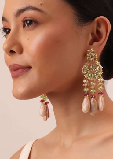 Pink Tone Crescent Moon Kundan Danglers With Stone Drops