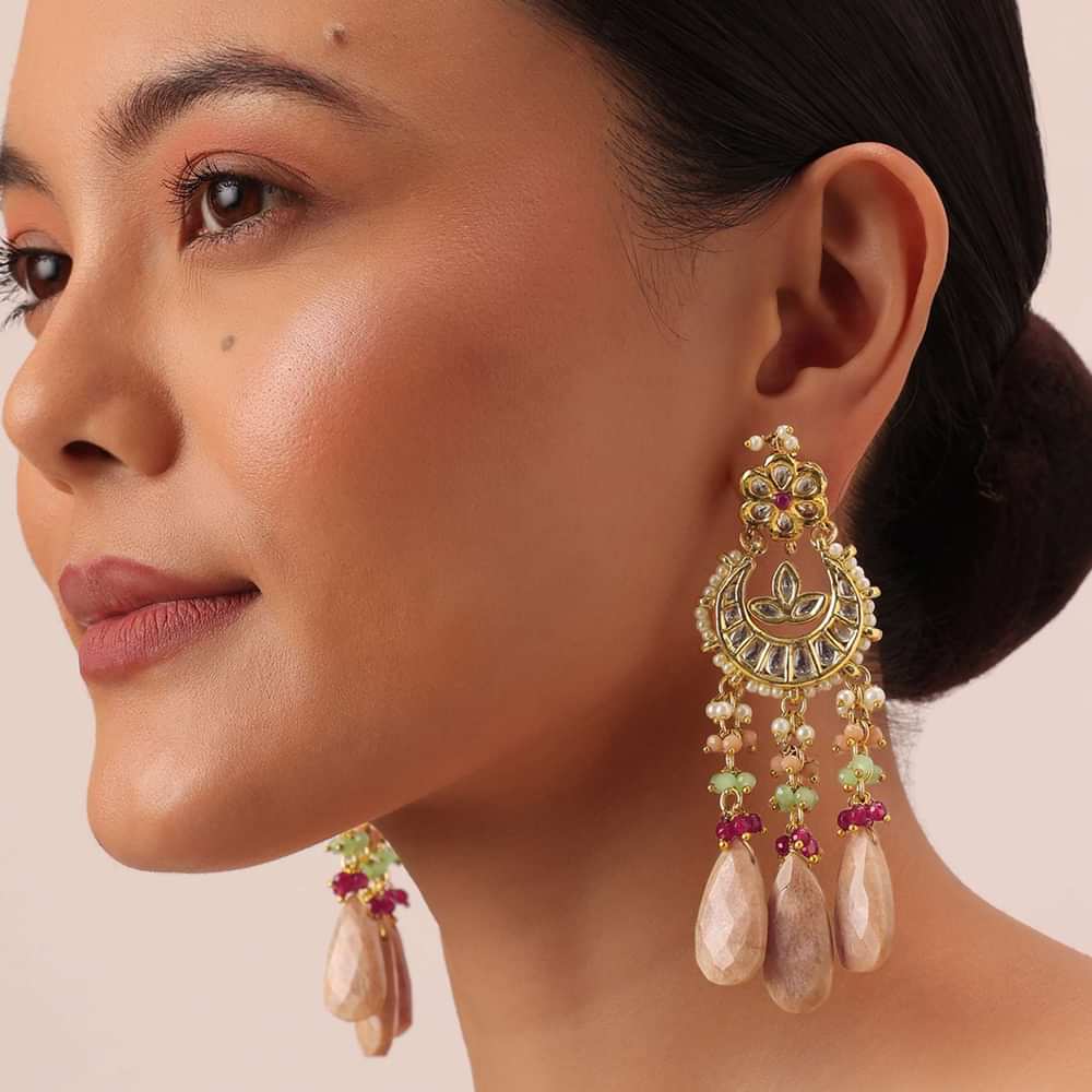 Pink Tone Crescent Moon Kundan Danglers With Stone Drops