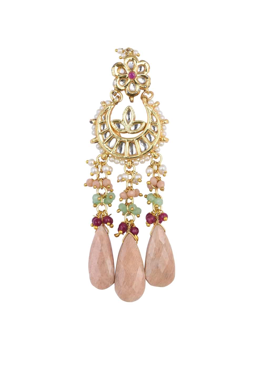 Pink Tone Crescent Moon Kundan Danglers With Stone Drops